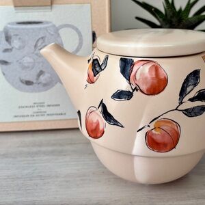 NWT Indigo Georgia Peach Ceramic Tea‑for‑One Set: Teapot & Tea Cup With Infuser